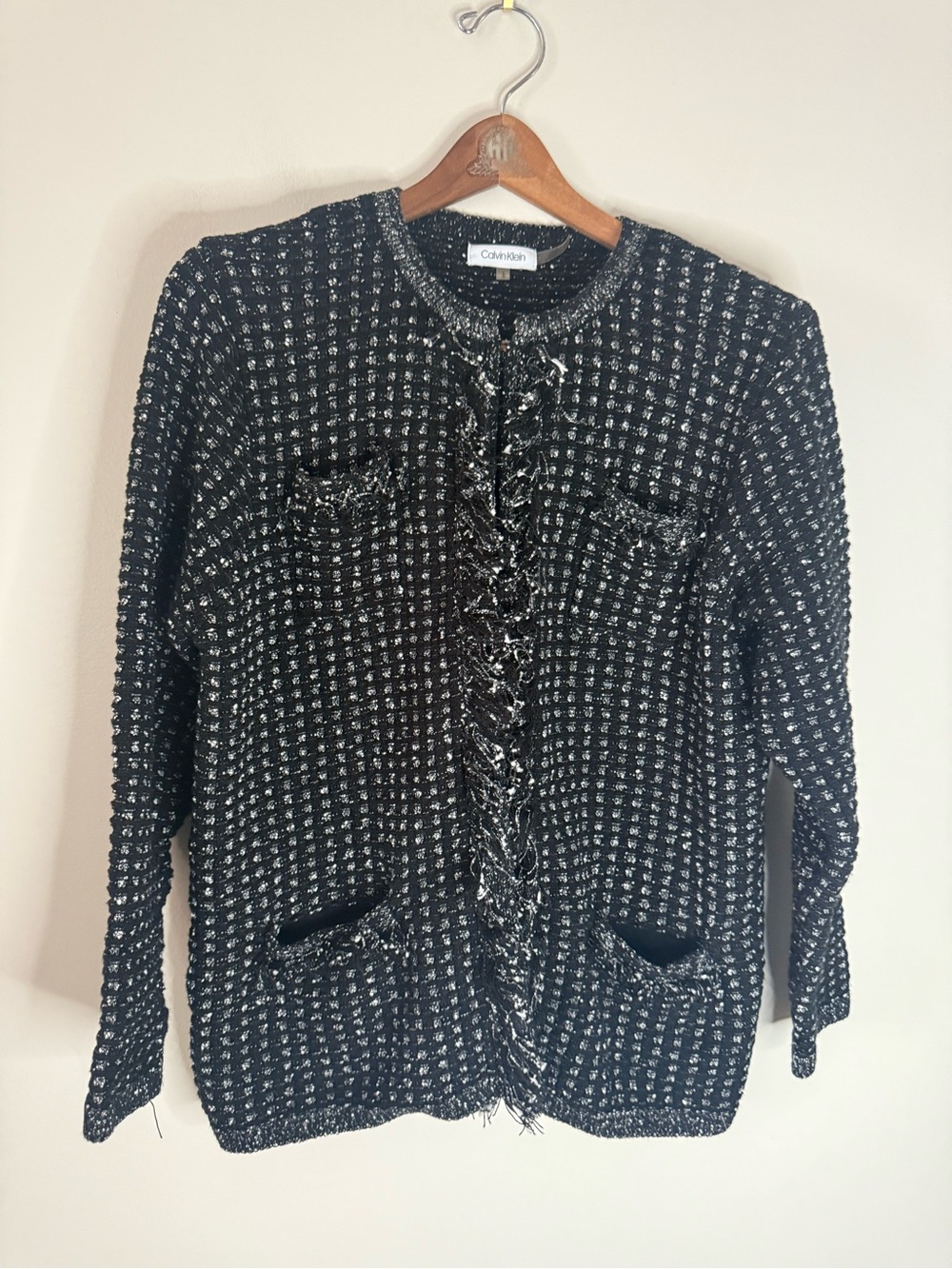 Calvin Klein Black & White Tweed sweater Jacket in size large - Picture 2 of 11